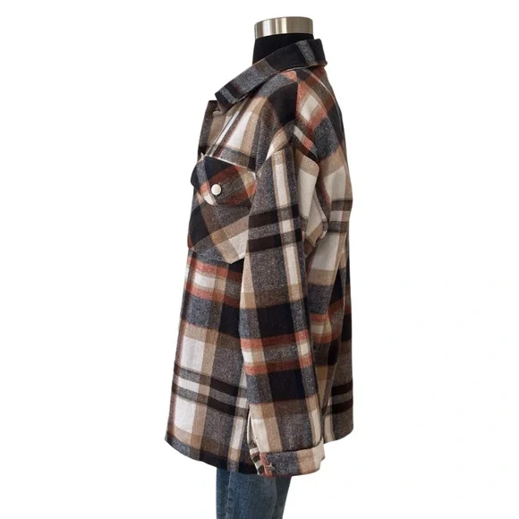 Plaid button up knit over shirt light shacket black orange M - Picture 5 of 11